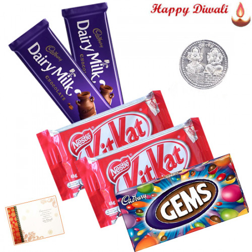Nutties - 2 Kitkat , 1 Gems, 2 Dairy Milk Bars with Laxmi-Ganesha Coin