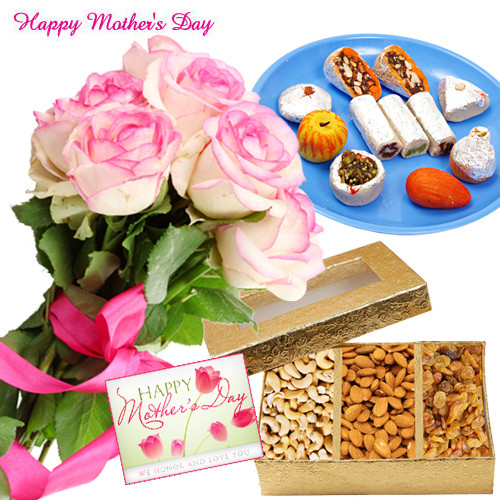 Pink Roses Combo - 12 Pink Roses, Kaju Mix 250 gms, Assorted Dryfruit 200 gms Box and Card
