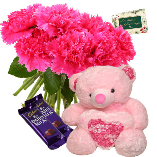 Premium Arrangement - Bouquet Of 12 Pink Carnations + 6 Inch Teddy + 2 Dairy Milk + Card