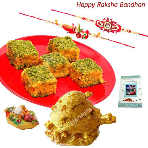 Rakhi Gifts - Triple Tortoise + Badam Barfi with 2 Rakhi and Roli-Chawal