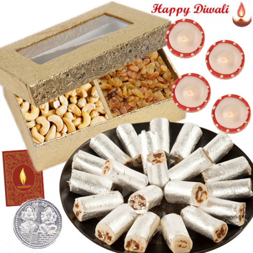 Rich n Delicious - Cashew Raisins 200 gms in Box, Kaju Anjir Rolls with 4 Diyas and Laxmi-Ganesha Coin