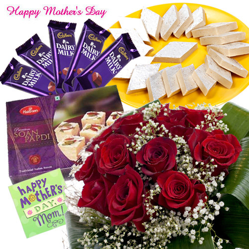 Roses and Sweets - 12 Red Roses, Kaju Katli 250 gms, Haldiram Soan Papdi 250 gms, 5 Dairy Milk 40 gms