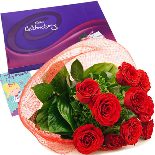Filled With Love - 20 Red Roses + Cadbury's Celebrations Pack + Card