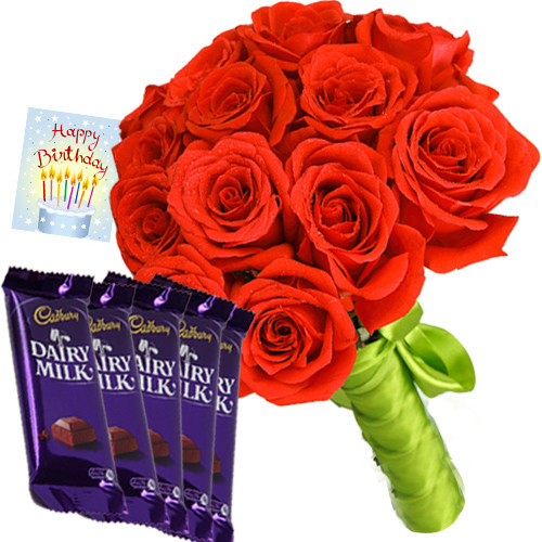 Sublime Gift - 12 Red Roses + 5 Dairy Milk + Card