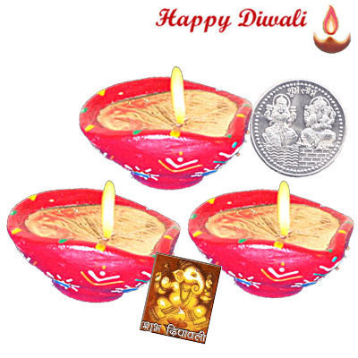 Round Diya - 3 Round Shaped Diyas with Laxmi-Ganesha Coin