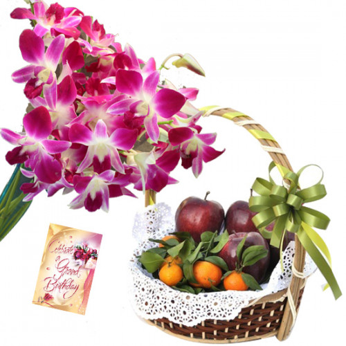 Royal Fruit Combo - 6 Purple Orchids Bouquet, 2 Kg Mix Fruits in Baket and Card