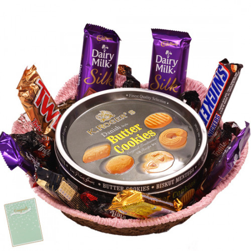 Royal Gift Basket -  Danish Butter Cookies, 1 5 Star, 1 Mars, 1 Twix, 1 Cadbury Dairy Milk Crackle, 3 Cadbury Dairy Milk Silk, 1 Snickers & Card
