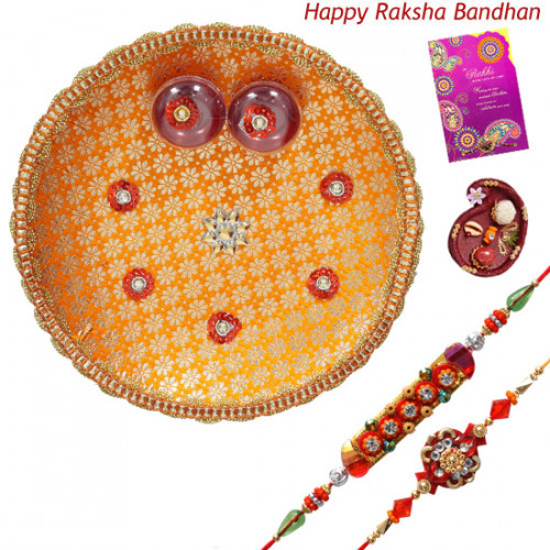 Shubh Rakhi Thali - Puja Thali - Orange with 2 Rakhi and Roli-Chawal