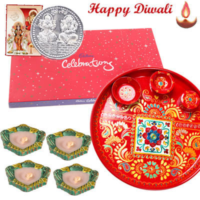 Attractive Combo - Meenakari Thali 6", Celebrations with 4 Diyas and Laxmi-Ganesha Coin