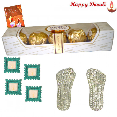Silver Steps Gift - Auspicious Silver Laxmi Steps 6 gms, Ferrero Rocher 4 pcs with 4 Diyas