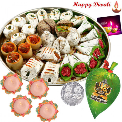 Spiritual Hamper - Ganesha On Leaf, Assorted Kaju Sweets with 4 Diyas and Laxmi-Ganesha Coin