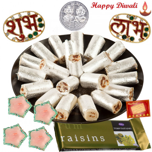 Sweet Deepavali - Kaju Anjeer Roll 250 gms, Cadbury Temptation, Diamond Shubh Labh with 4 Diyas and Laxmi-Ganesha Coin