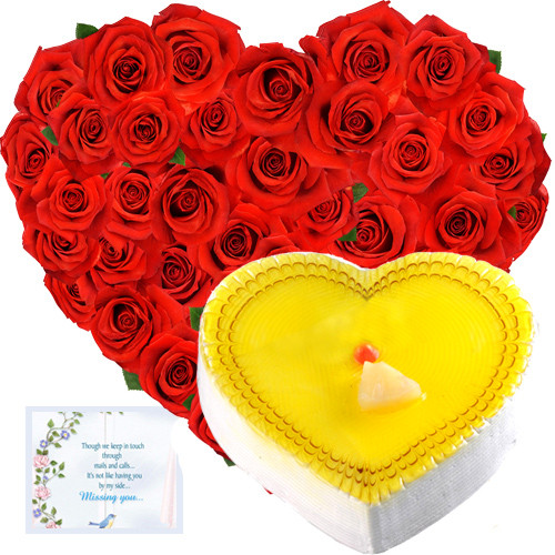 Sweet Heart - 50 Red Roses Heart Shaped Arrangement + Pineapple Heart Cake 1 kg + Card
