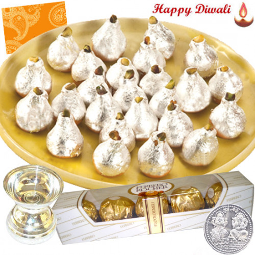 Sweet Regards - Kaju Kalash, Ferrero Rocher 4 pcs, Silver Diya 10 gms with Laxmi-Ganesha Coin