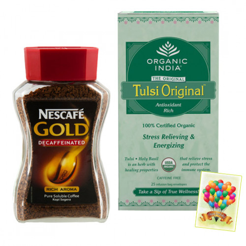 Tea Or Coffee - The Original Tulsi, Nescafe Gold Decaffeinated Rich Aroma Coffee and Card