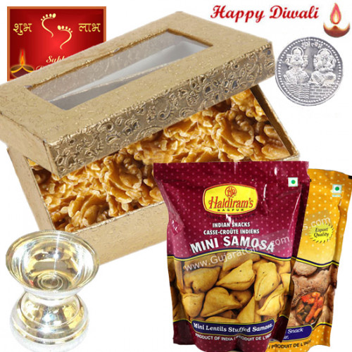 Walnuts Hamper - Walnuts, 2 Haldiram Namkeen, Silver Diya 10 gms with Laxmi-Ganesha Coin