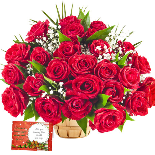 Fresh Flowers - 24 Red Roses Basket + Card