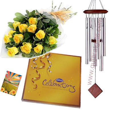 30 yellow roses in bunch, Celebrations, Wind Chime (Silver) and card
