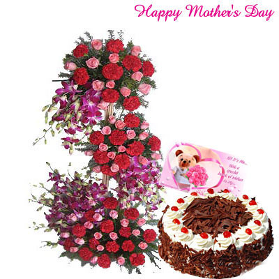 Assorted Flower Arrangements - 100 Assorted Flowers arrangement of 3 to 4 feet, 1/2 Kg Black Forest Cake and Card