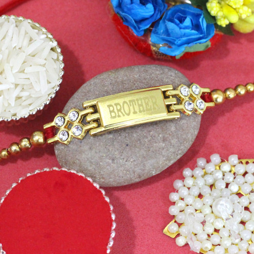Golden Bracelet Rakhi with Diamonds & Pearls