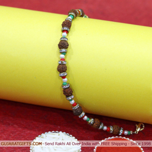 Colorful Rudraksha Pearl & Diamond Rakhi