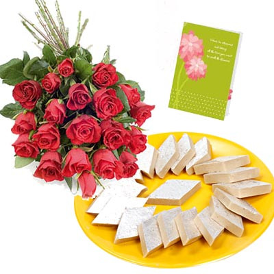 Birthday Sweets - 24 Red Roses in Bunch, Kaju Katli 500 gms and Card