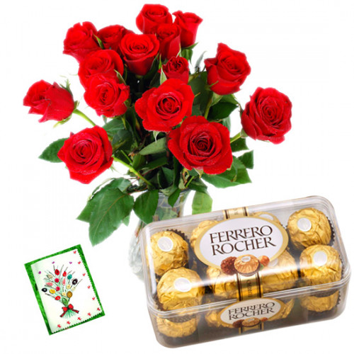Birthday Chocos - 15 Red Roses in Vase, 16 pcs Ferrero Rocher and Card