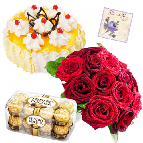 Birthday Chocolates - Pinapple Cake 1/2 kg, Ferrero Rocher 16 pcs, 15 Red Roses in Bunch and Card