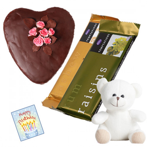 Extra Chocolate - 2 Temptations, Heart Shape Chocolate Cake 1 kg, Teddy 6" and Card