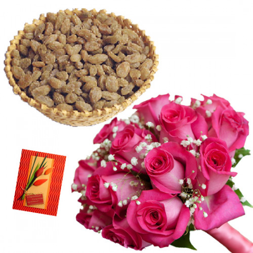Raisins Special - 15 Pink Roses in Bunch, Raisin 400 gms Basket & Card