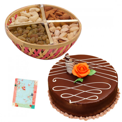 Nuts Special - Assorted Dryfruit 200 gms in Basket, Chocolate Cake 1 kg and Card