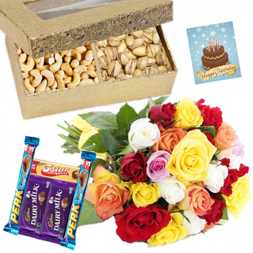 Nuts Special - Cashew & Pista 200 gms, 5 Assorted Chocolates , 12 Mix Roses in Bunch