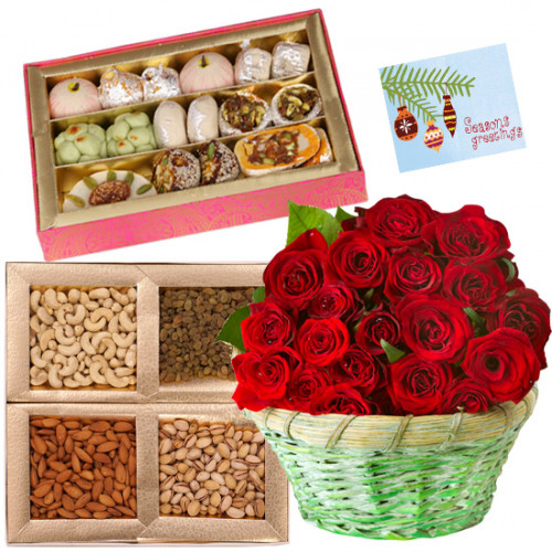 Sweets n Nuts - 24 Red Roses in Basket, Kaju Katli 250 gms, Assorted Dry fruits 200 gms