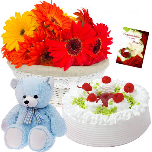 Colorful Gift - 24 Red & Yellow Gerberas in Basket, Vanila Cake 1/2 kg, Teddy 6" and Card