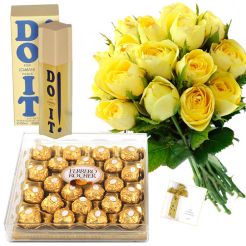 Special Hamper - 12 Yellow Roses in bunch, Do it Perfume , Ferrero Rocher 24 pcs and Card