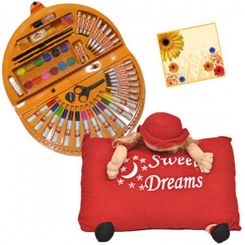 Kid's Delight - Coloring Kit 56 pcs, Teddy Bear Pillow and Card