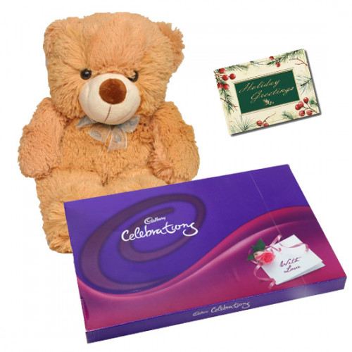 Cute Gifts - 12 inch Teddy Bear, Celebrations 121 gms and Card