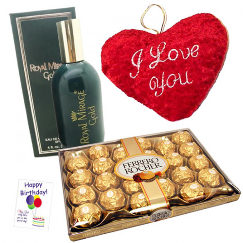 Special Delight - Ferrrero Rocher 24 pcs, Heart Shaped Pillow, Royal Mirage Perfume and Card