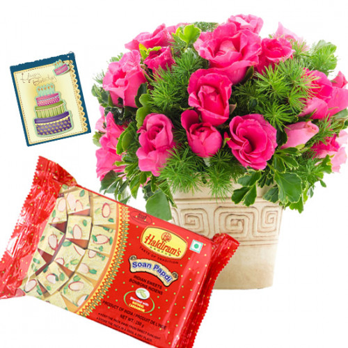 Sweet Delicacy - 12 Pink Roses in Vase, Haldiram Soan Papdi 500 gms and Card