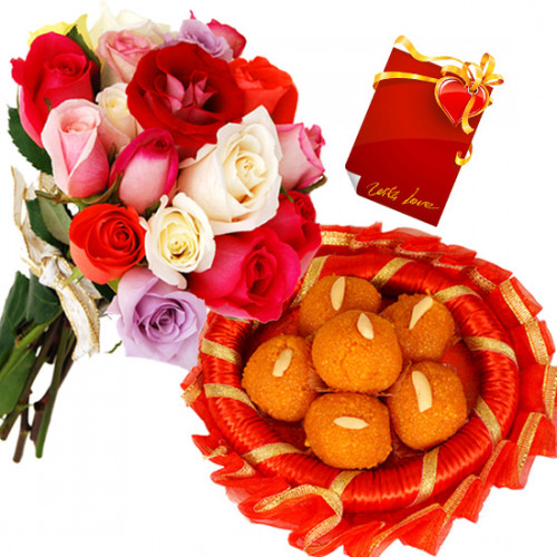 Laddu Treat - 12 Mix Roses , Kanpuri Laddu 500 gms and Card