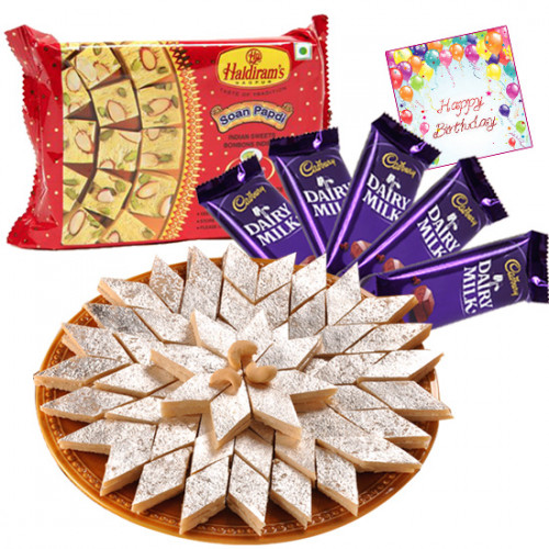 Sweets Treat - Kaju Katli 250 gms, Haldiram Soan papdi 250 gms, 5 Dairy milk and Card