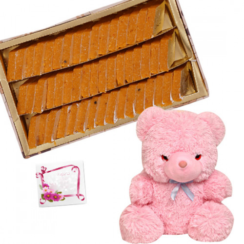 Sweets & Toy - Kaju Kesar Katli 500 gms, 8 inch Teddy and Card