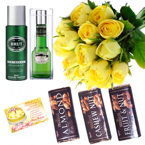 Marvelous - 20 Yellow Roses Bunch + Brut Deodorant & Perfume + Vochelle Chocolates 3 Bars