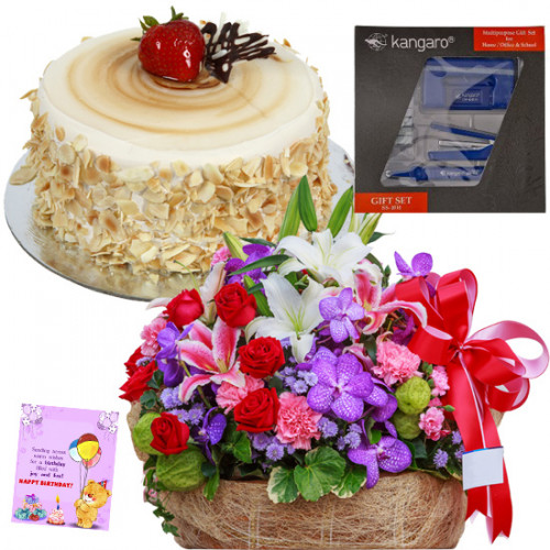 Symphony - Basket 25 Mix Flowers + Cake 1/2kg + Stationery Set