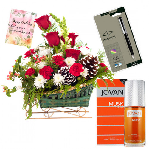Season's Fresh - Basket 20 Mix Flowers + Jovan Musk Perfume + Pen