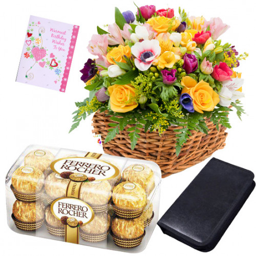 Blooming Delight - Basket 30 Mix Flowers + Ferrero Rocher 16pcs + Cd Case