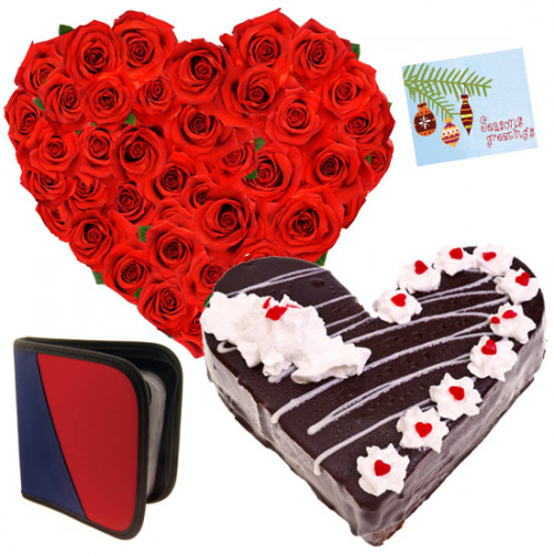 Affection - 50 Red Roses Heart + Heart Shape Cake 1kg + Cd Holder