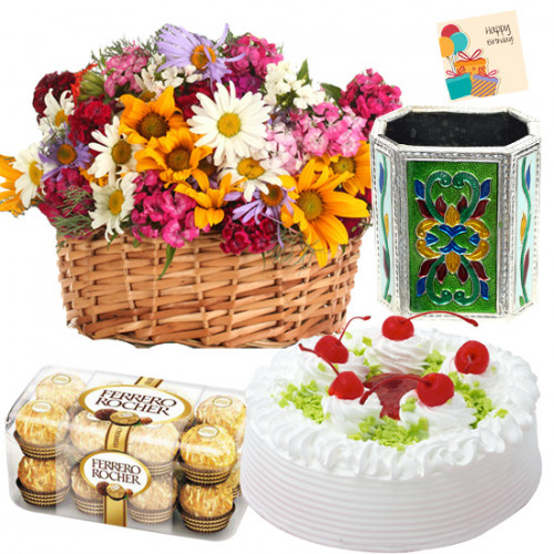 Gerberas Delight - Basket Of 25 Mix Flowers + Cake 1/2kg + Ferrero Rocher 16pcs + Pen Stand