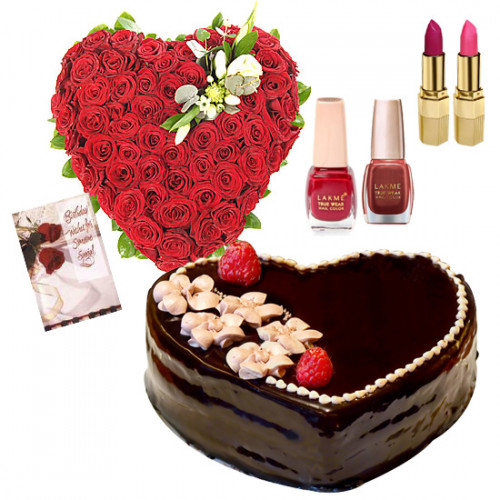 My Heart For You - 50 Red Roses Heart Shaped + Cake 1kg + 2 Lipstick + 2 Nail Polish
