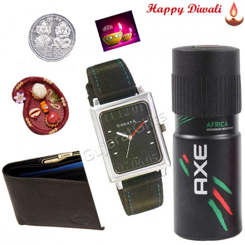Amazing Brother Combo - Axe Deodorant, Leather Wallet, Sonata Watch Silver Dial with Bhaidooj Tikka and Laxmi-Ganesha Coin